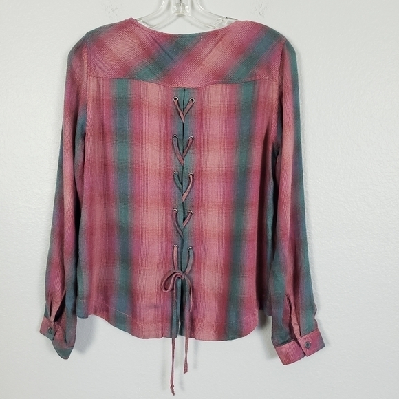 ANTHRO CLOTH & STONE Plaid Long Sleeve Tie Back Front Pocket Top Sz S - Picture 6 of 9